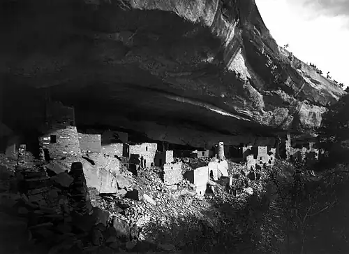 Image 1 Cliff Palace Photo credit: Gustaf Nordenskiöld An 1891 photograph of Cliff Palace, the largest cliff dwelling—a structure built within caves and under outcroppings in cliffs—in North America, located in what is now Mesa Verde National Park, Colorado, USA. There are about 150 rooms in the 288 ft (88 m) long structure, although only 25 to 30 of those were used as living space by Ancient Pueblo peoples. it is estimated that the population of Cliff Palace was roughly 100–150 people. More featured pictures