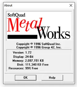 A screen-capture image showing the "About" popup window from SoftQuad's MetalWorks image editor.