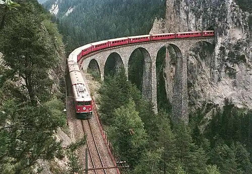 Landwasser Viaduct, 65&nbsp;m (213&nbsp;ft) high and 136&nbsp;m (446&nbsp;ft) long, built in 1902