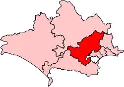 Map showing the location of the Mid Dorset and North Poole constituency in Dorset under the boundaries created by the 2023 boundary review and first used at the 2024 general election.