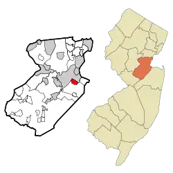 Location of Madison Park in Middlesex County highlighted in red (left). Inset map: Location of Middlesex County in New Jersey highlighted in orange (right).
