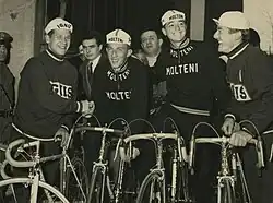 Emile Daems, Gianni Motta, Michele Dancelli and Adriano Durante before the start