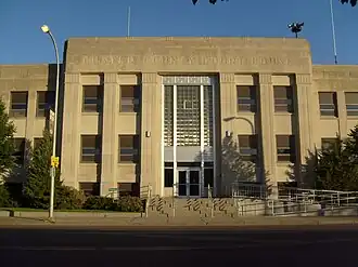 Custer County Courthouse of Art Deco style architecture of the 1930s era, in the county seat and largest town of Miles City