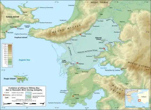 A color terrain map focused on northwestern Turkey and the islands of Greece. Mount Mycale is at the top center, Lade island is to its immediate south, Samos is to its immediate west and Miletus is to Lade's immediate east.