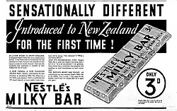 An advertisement for Milky Bar. A drawing of a bar is next to text describing it being introduced to New Zealand, with some body text describing its introduction to the UK as popular and its healthiness