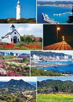 Clockwise from top: Nojimazaki Lighthouse, Toyoura fishing port, Rosemary Park, Haraoka Beach, Shiramazu Flower Park, Shirahama onse, Mount Tomi, Wadaura flow fields