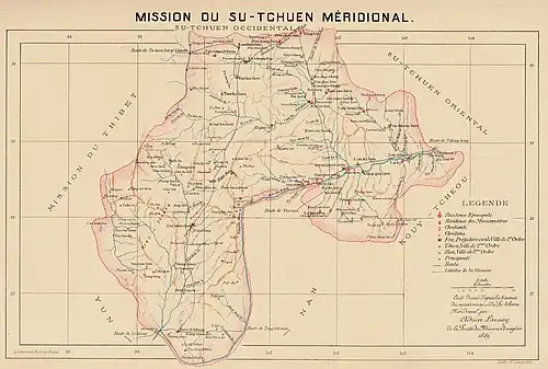 Jiading (Kia-tin-fou) was part of the Southern Szechwan Mission. Map prepared by Adrien Launay [fr], 1889.