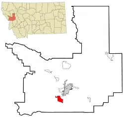 Location in Missoula County and the state of Montana. Grey shading indicates city of Missoula.