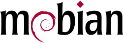 Mobian logo, with the Debian ragged spiral replacing the "o" in "Mobian"