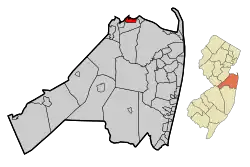 Location of Union Beach in Monmouth County highlighted in red (left). Inset map: Location of Monmouth County in New Jersey highlighted in orange (right).