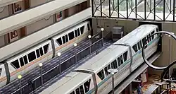 Monorails Blue and Coral parked in the Contemporary Resort for Hurricane Ian. From a higher floor in the Contemporary Resort.
