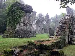 Ruined church at Montfaucon-d'Argonne directly behind the monument. The blocky structure on the left is a German World War I observation post.