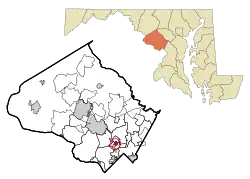 Location of Kensington in Montgomery County and Maryland