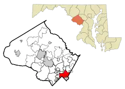 Location of Silver Spring in Montgomery County, Maryland (left) and of Montgomery County in Maryland (right)