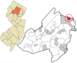 Location of Butler in Morris County highlighted and circled in red (right). Inset map: Location of Morris County in New Jersey highlighted in orange (left).