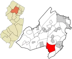 Location of Harding Township in Morris County highlighted in red (right). Inset map: Location of Morris County in New Jersey highlighted in orange (left).