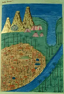 Illumination of Saint Catherine's Monastery on Mount Sinai, from a late medieval Georgian manuscript (Nuskhuri script)