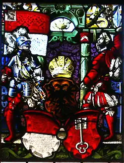 Standesscheibe of Unterwalden (16th century), showing the red-and-white design for Obwalden and the double-key design for Nidwalden.