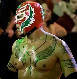 A man wearing a red, white, and green wrestling mask and black elbow pads is looking to his right. He is shirtless, and several tattoos are visible on his chest and upper arms.