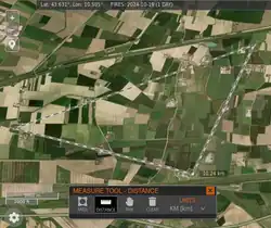 The FIRMS measurement tool calculates the length of a user defined sequence of connected line segments, here the isosceles right triangle of the Virgo interferometer with sides 3 km + 3 km + 3 √2 km ≈ 10.24 km