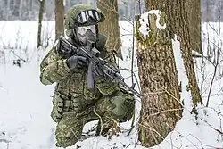 Russian soldier training in their Ratnik combat gear, an AK-12 rifle and PMK-4 gas mask