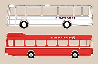 Norman Wilson's corporate identity for the National Bus Company, applied to the trademark National 'white coach', and to an Eastern Counties local bus.