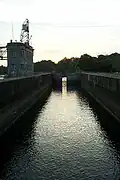 Savannah Bluff Lock and Dam; Empty lock chamber, 1937 control structure to left.