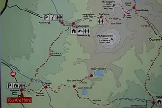 Map of Tongariro National Park with the Emerald Lakes to the south of Mount Tongariro