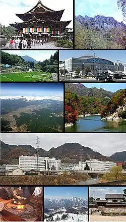 From top of left, Zenkoji, Mount Togakushi, Kinasa village, Nagano Big Hat arena, Aerial in Kawanakajima, Susobana Valley [ja], headquarters of Marukome (famous miso manufacturing company) in Nagano, Oyaki Japanese sweets a.k.a. Imagawayaki, Togakushi ski resort [ja], and Matsushiro Castle