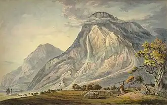 Image 43The geologic folding seen at the Arpenaz waterfall, shown here in a mid-18th-century drawing, was noted by 18th-century geologists. (from Alps)