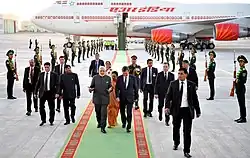 Narendra Modi being welcomed by the Deputy Prime Minister and Minister of Foreign Affairs of Turkmenistan Rasit Meredow on his arrival at Ashgabat International Airport, Turkmenistan, on July 10, 2015.