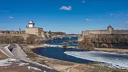 The reconstructed fortress of Narva (to the left) overlooking the Russian fortress of Ivangorod (to the right)