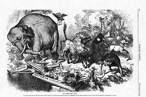 Nast's cartoon "Third Term Panic". November 7,1874 Inspired by the tale of The Ass in the Lion's Skin and a rumor of President Grant seeking a third term, the Democratic donkey (labeled "Caesarism") panics the other political animals, including a Republican Party elephant.