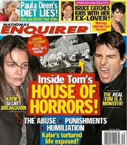 The front page of the tabloid newspaper National Enquirer, with the headline 'Inside Tom's House of Horrors!', featuring images of Tom Cruise and Katie Holmes in front of an image of a mansion.