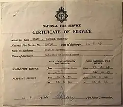National Fire Service Certificate of Service for Randall Whitford Roach