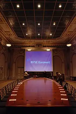 The boardroom, which contains seats on either side of a curving wooden table, facing a projection screen
