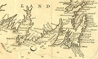 Map of Newfoundland, including the St. Peter's Colony to the south (1746)
