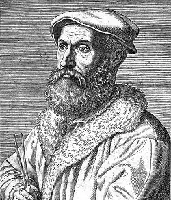 Woodcut of man facing left with cloth hat and robe