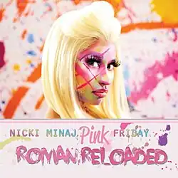 Minaj with face paint looking to the right. A white box at the bottom saying the album's name and details.