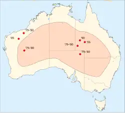 Sighted in western central Australia 4 times in total twice in 1979–1980, 1990, and 2006. Sighted 3 times in total in northern West Australia twice in 1979–1980, and in 2005