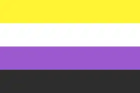 The flag consists of four horizontal stripes: yellow at the top, white, purple, and black at the bottom.