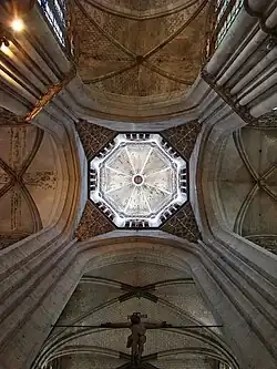 The octagonal central tower of Evreux Cathedral seen from below