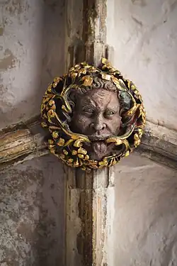 Elaborate Gothic Green Man in Norwich Cathedral, Norfolk, England, 14th or early 15th century[6]
