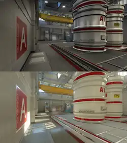 Comparison between two versions of the Counter-Strike map "Nuke". The top image depicts the version of the map in Counter-Strike: Global Offensive, while the bottom image depicts the version of the map in Counter-Strike 2.