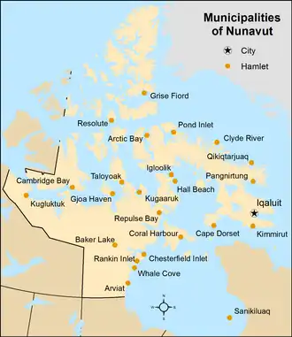 Map showing locations of all municipalities of Nunavut
