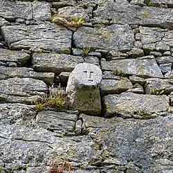A simple carved stone human face showing a neutral expression jutting out of a stone wall