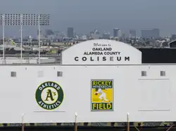 Scoreboard with view of Downtown Oakland
