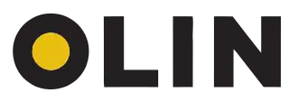 OLIN logo, black stylized letters OLIN with the interior of the "O" colored yellow.