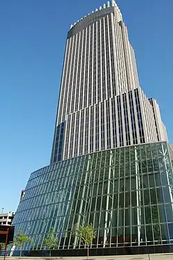 Image of the First National Bank Tower's 60-foot (18 m) glass wall, with the winter garden inside