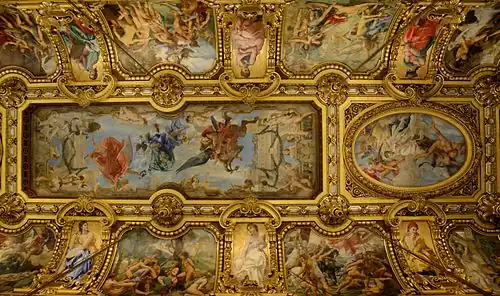 Part of the ceiling of the Grand Foyer with paintings by Paul Baudry: the central rectangular panel is Music, while the oval panel at the western end is Comedy.[41]